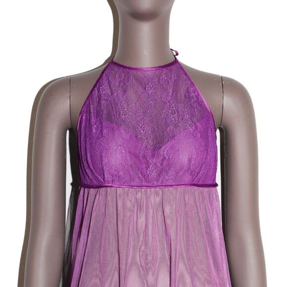 Purple Sheer Mesh Lace Teddy Babydoll Lingerie Halter Dress Small - Picture 2 of 3